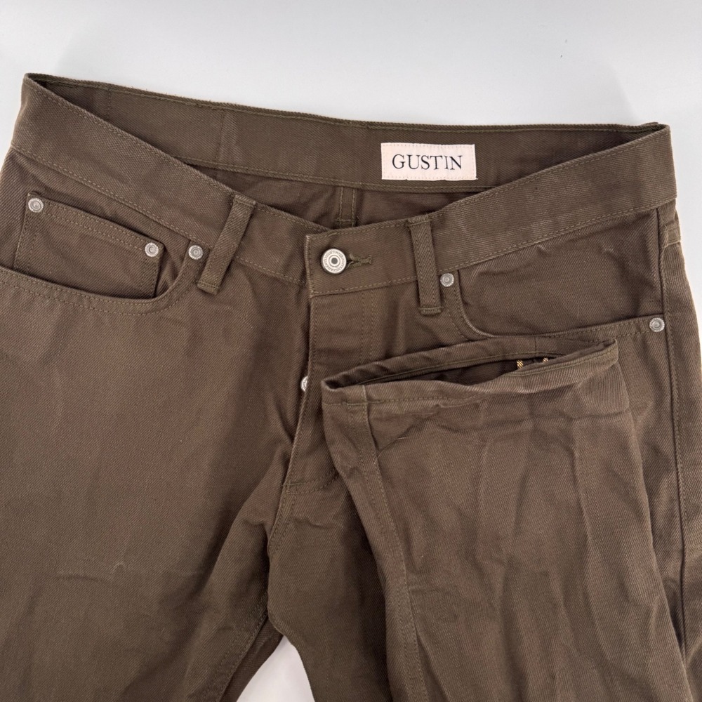 Gustin Slim Fit Pants Mens 35 Brown Cotton Twill Made in USA Button Fly Heritage